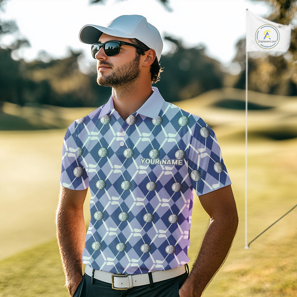 golf polo shirts custom blue argyle plaid pattern golf attire, golfer gifts