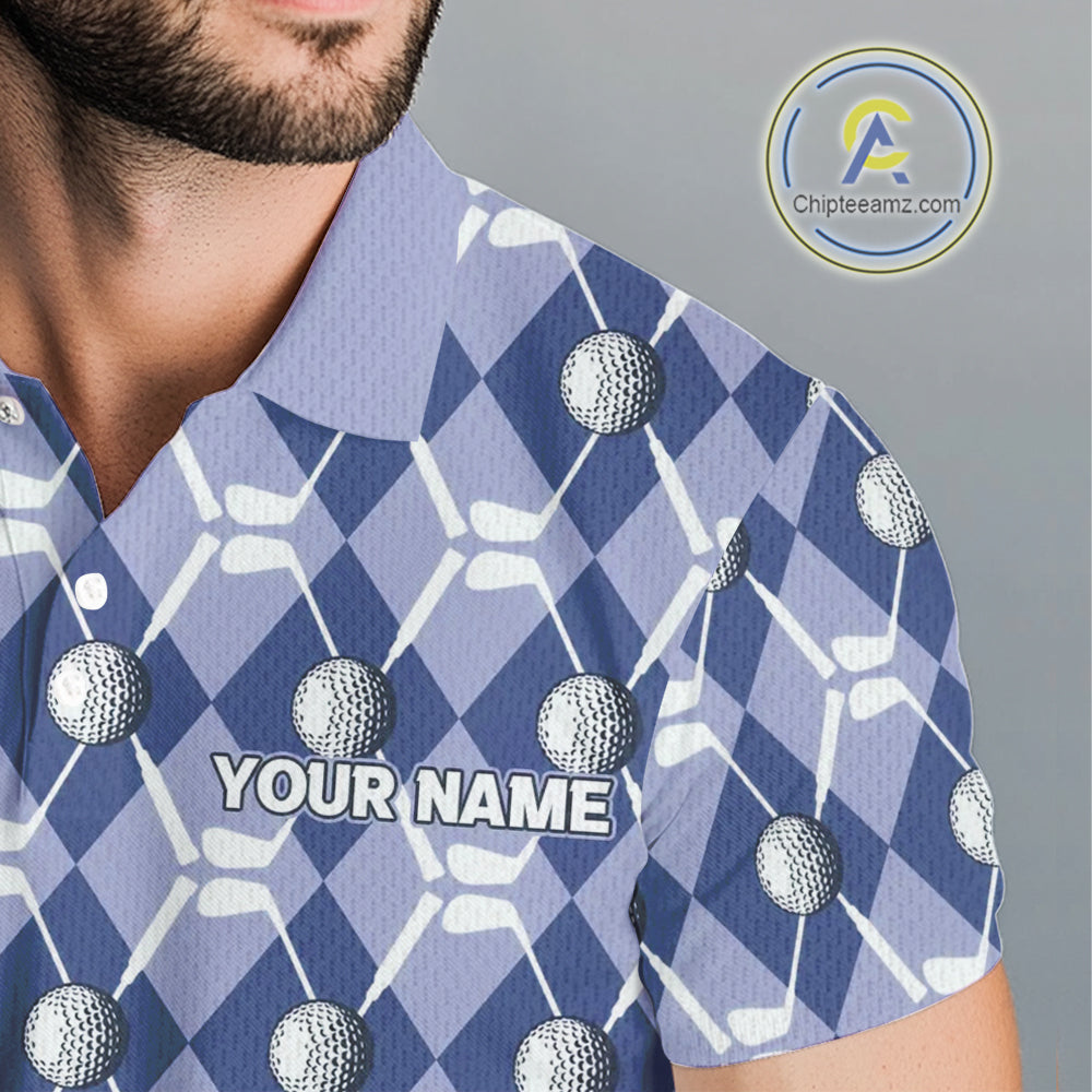 golf polo shirts custom blue argyle plaid pattern golf attire, golfer gifts