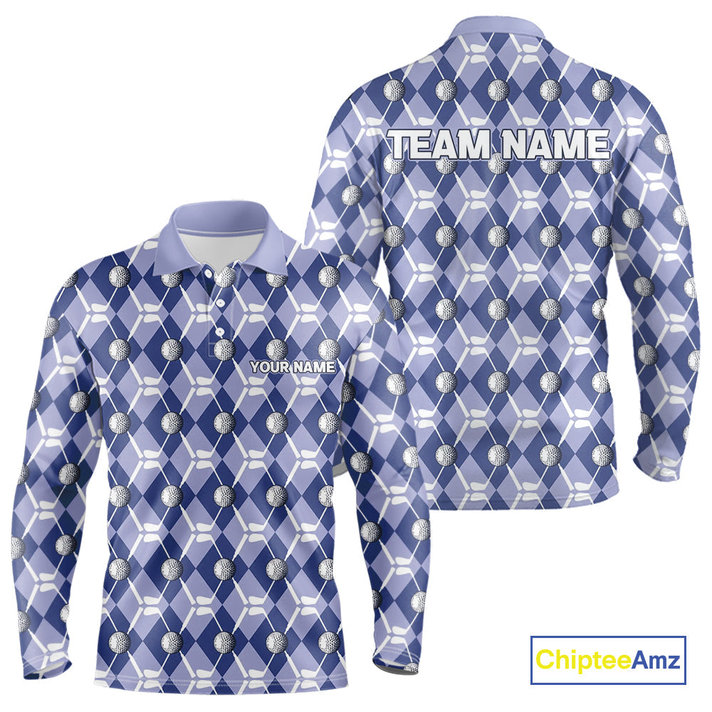 golf polo shirts custom blue argyle plaid pattern golf attire, golfer gifts