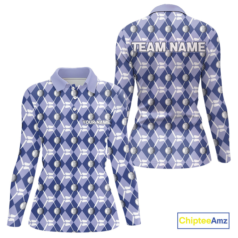 golf polo shirts custom blue argyle plaid pattern golf attire, golfer gifts
