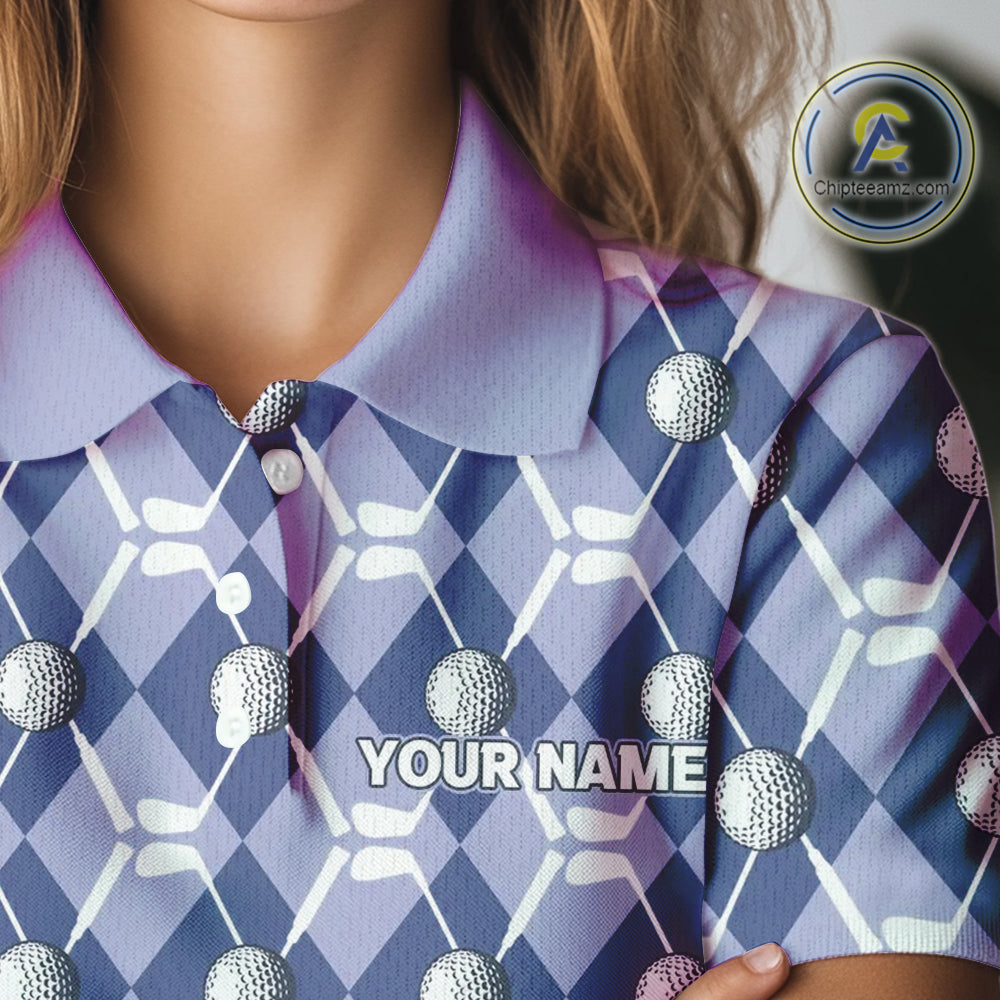 golf polo shirts custom blue argyle plaid pattern golf attire, golfer gifts