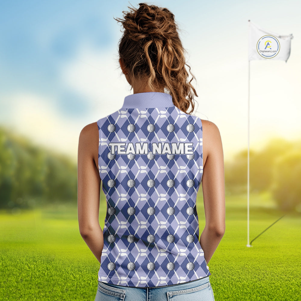 sleeveless polo shirt custom blue argyle plaid pattern golf attire, golfer gifts