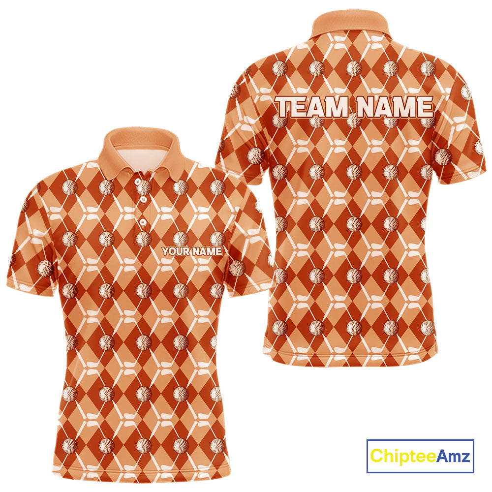 golf polo shirts custom orange argyle plaid pattern golf attire, golfer gifts