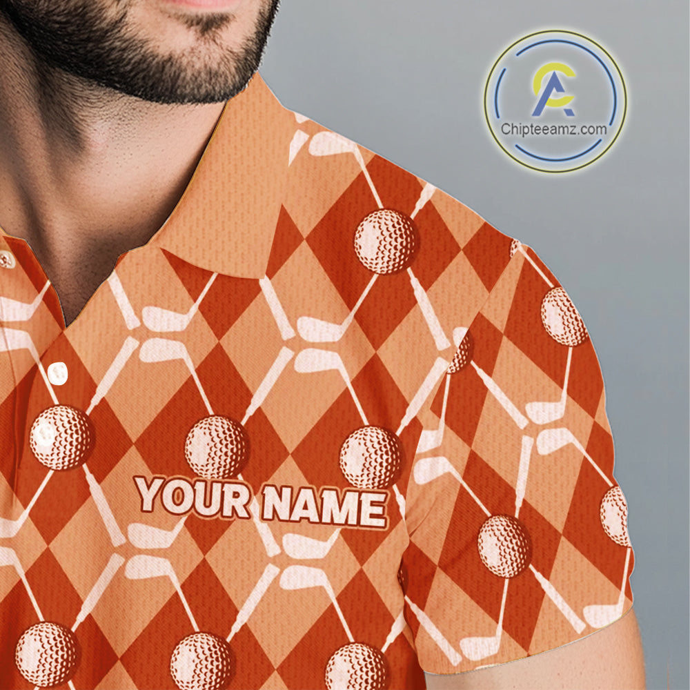 golf polo shirts custom orange argyle plaid pattern golf attire, golfer gifts
