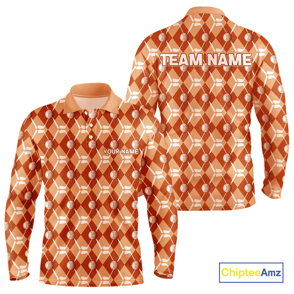 golf polo shirts custom orange argyle plaid pattern golf attire, golfer gifts