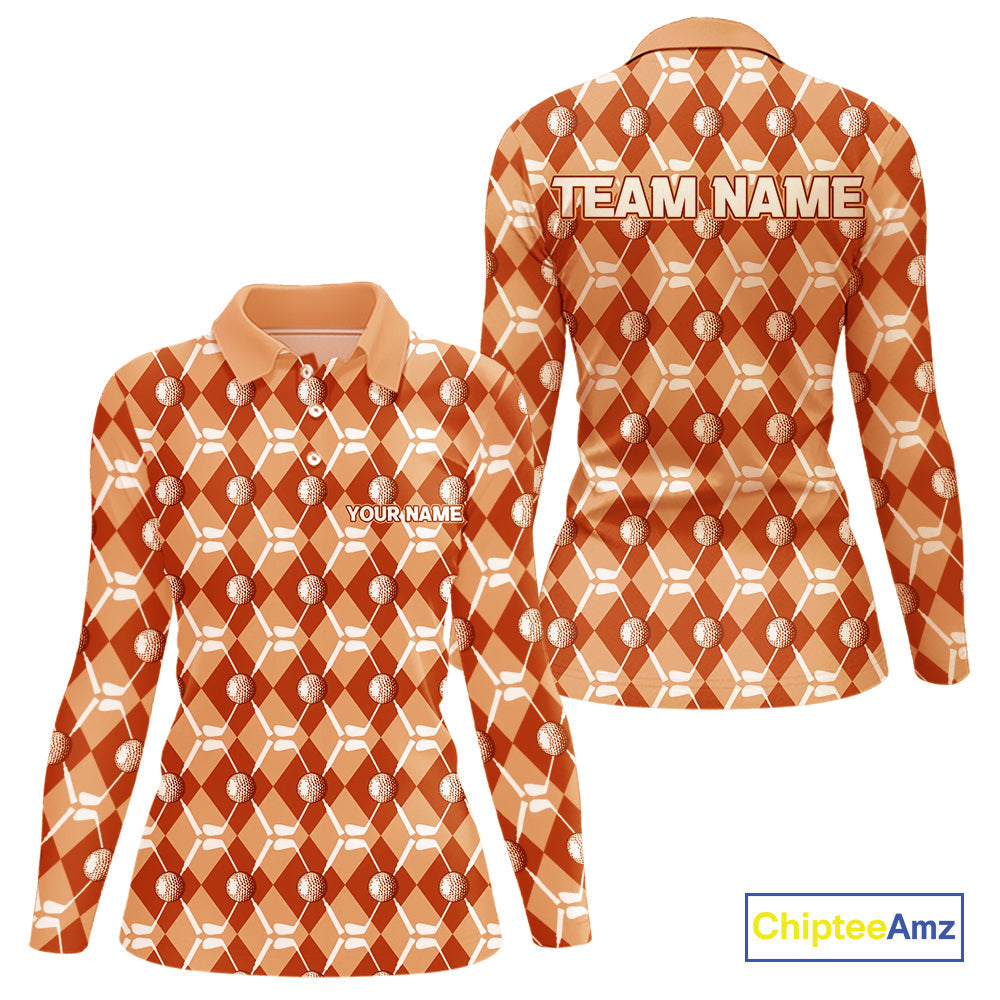 golf polo shirts custom orange argyle plaid pattern golf attire, golfer gifts