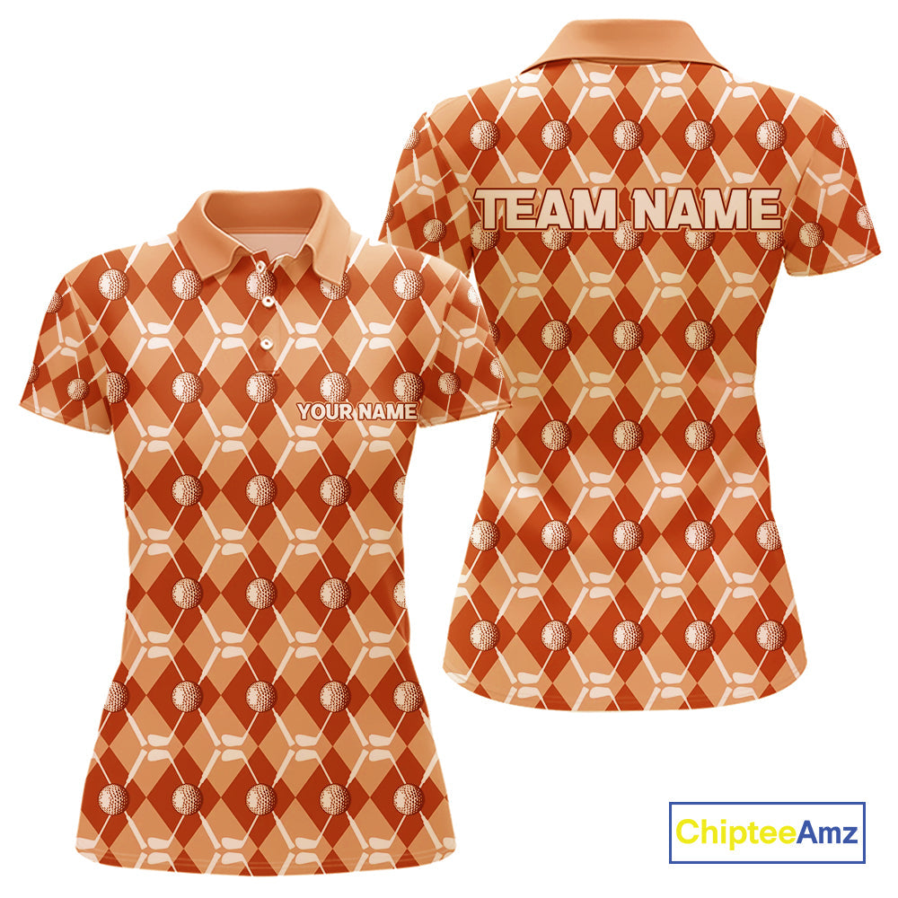 golf polo shirts custom orange argyle plaid pattern golf attire, golfer gifts