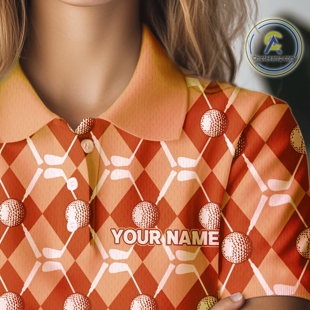 golf polo shirts custom orange argyle plaid pattern golf attire, golfer gifts