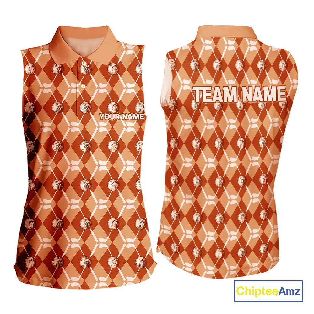 sleeveless polo shirt custom orange argyle plaid pattern golf attire, golfer gifts