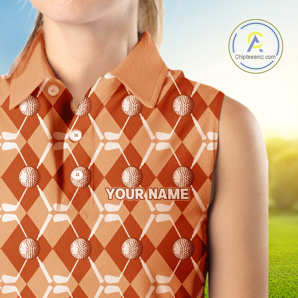 sleeveless polo shirt custom orange argyle plaid pattern golf attire, golfer gifts