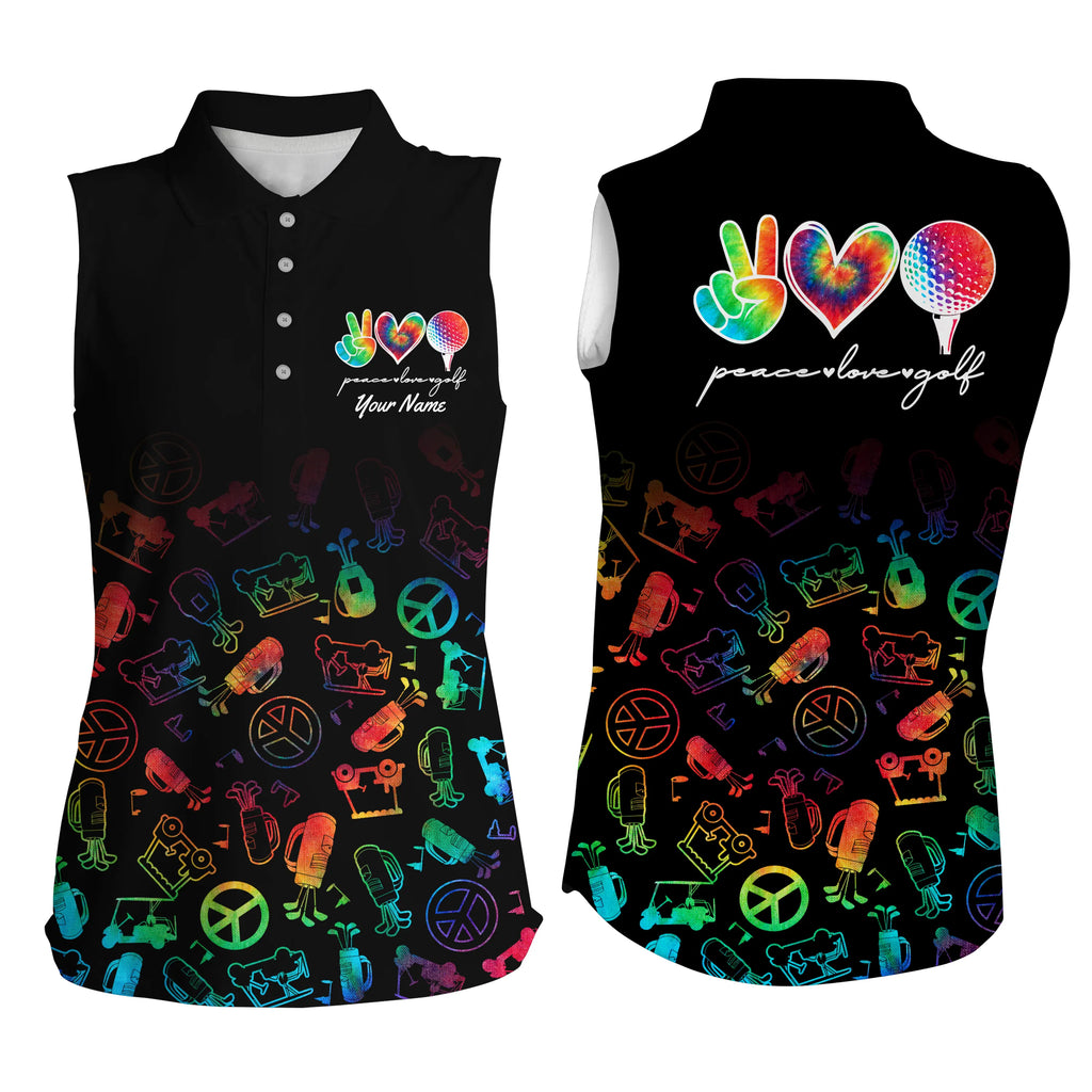 Black sleeveless polo shirt custom watercolor peace love golf, personalized golf shirt