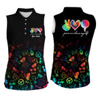 Black sleeveless polo shirt custom watercolor peace love golf, personalized golf shirt