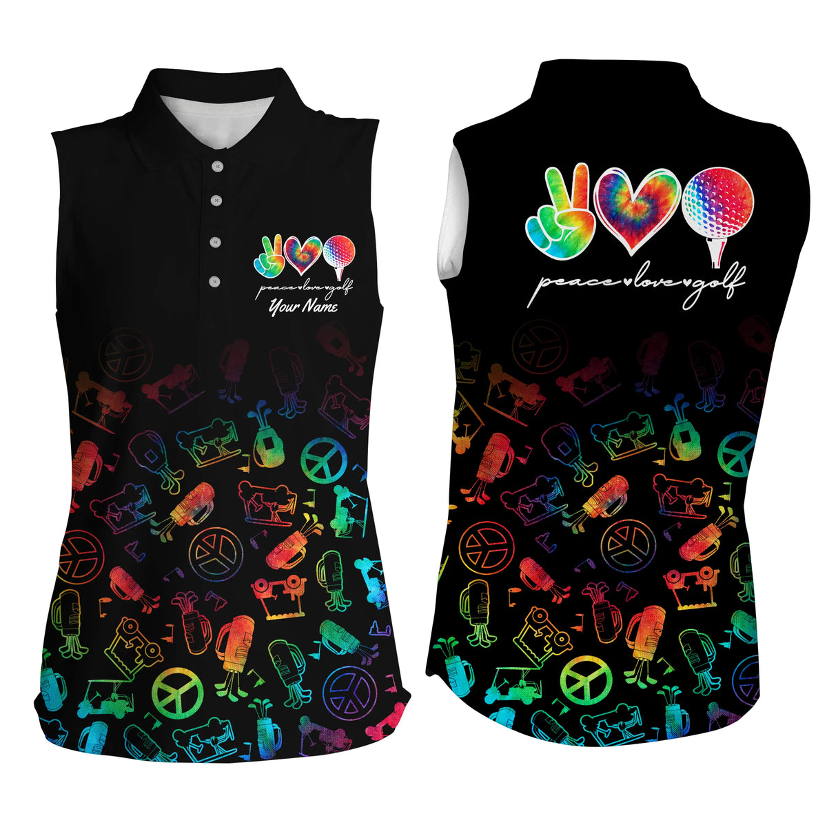 Black sleeveless polo shirt custom watercolor peace love golf, personalized golf shirt