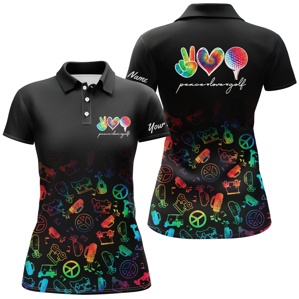 Black golf polo shirt custom name watercolor peace love golf, personalized golf shirt