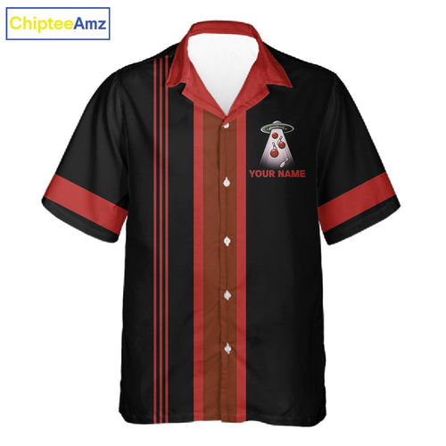 Black and Red ufo alien Retro Bowling Hawaiian shirt Custom Bowling Team button up shirt