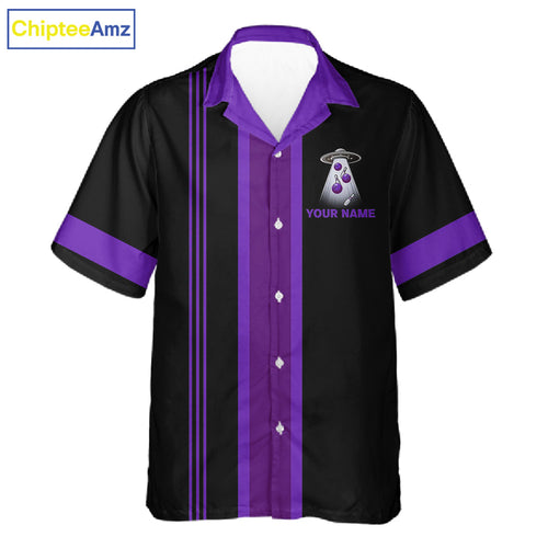 Black and Purple ufo alien Retro Bowling Hawaiian shirt Custom Bowling Team button up shirt