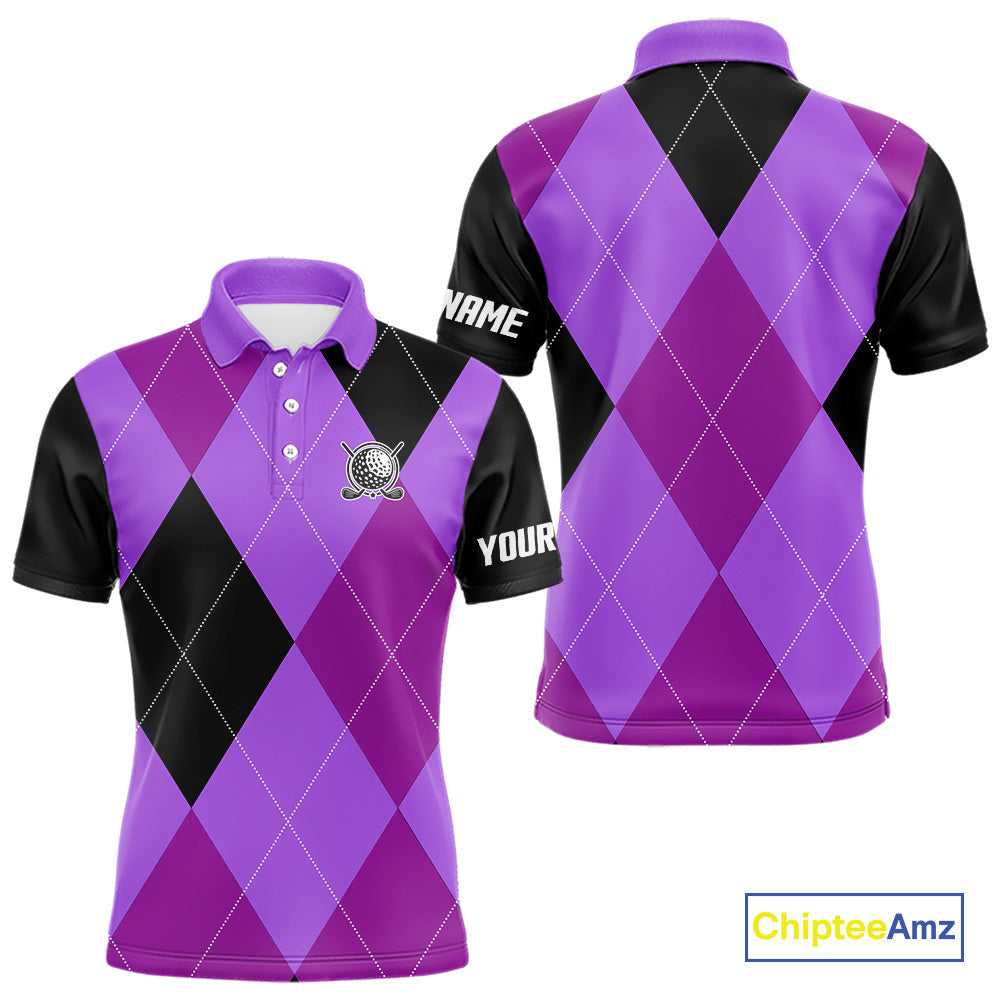 golf polos shirts custom purple and black golf argyle plaid pattern, personalized golf gifts