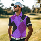 golf polos shirts custom purple and black golf argyle plaid pattern, personalized golf gifts
