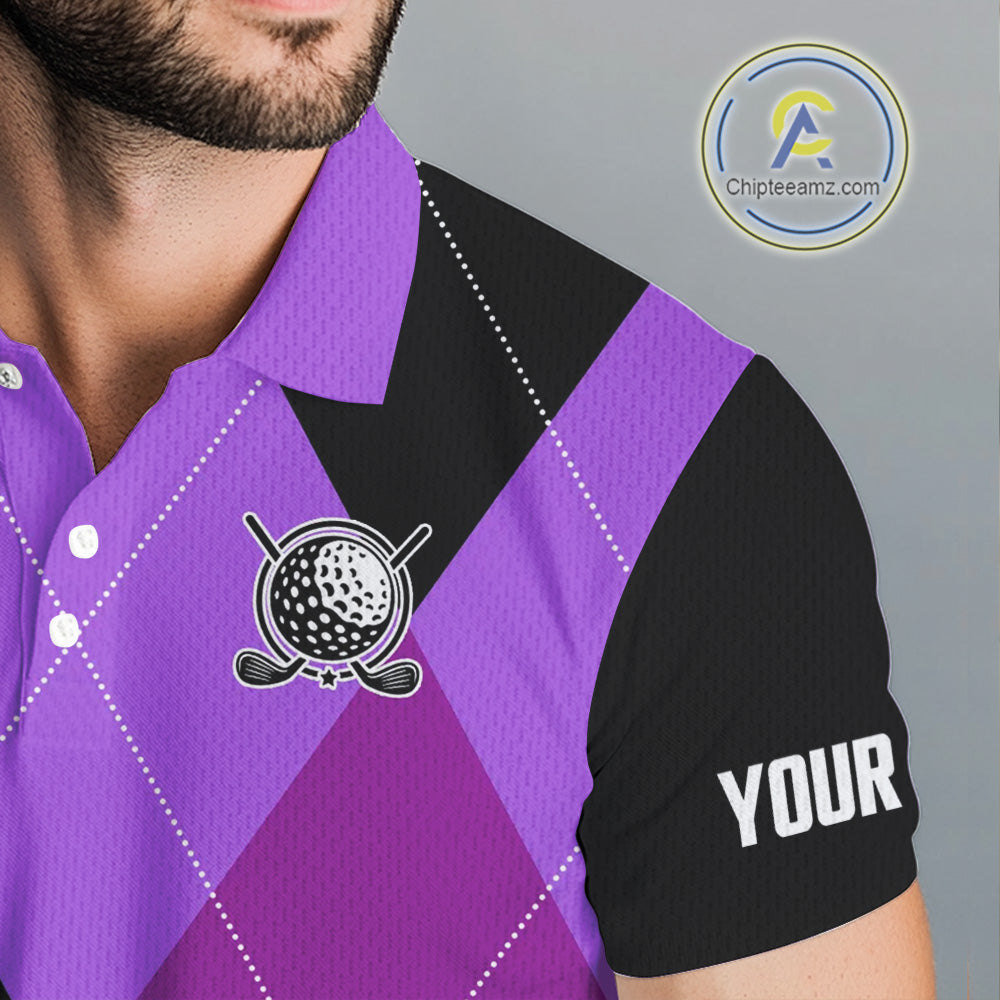golf polos shirts custom purple and black golf argyle plaid pattern, personalized golf gifts