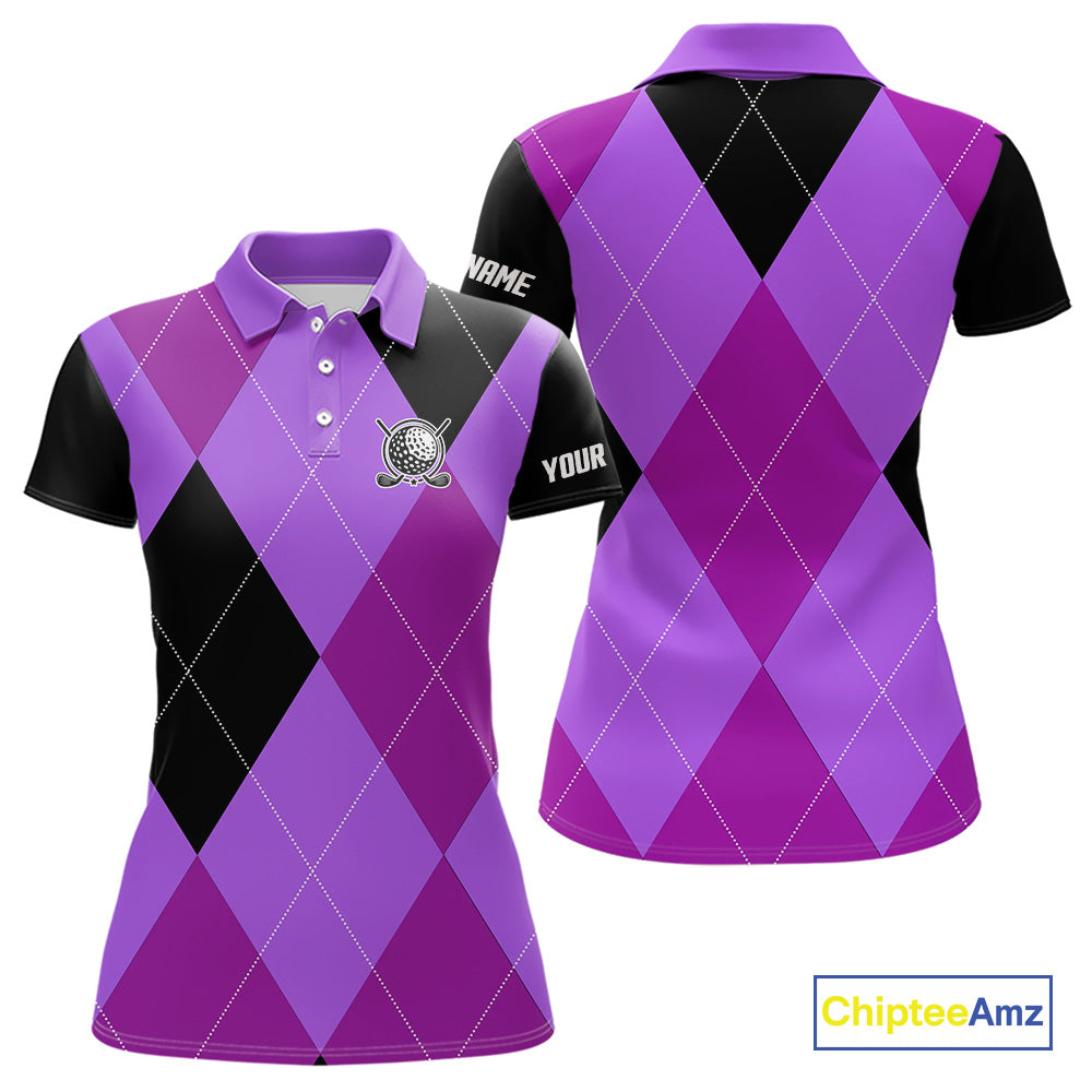 golf polos shirts custom purple and black golf argyle plaid pattern, personalized golf gifts