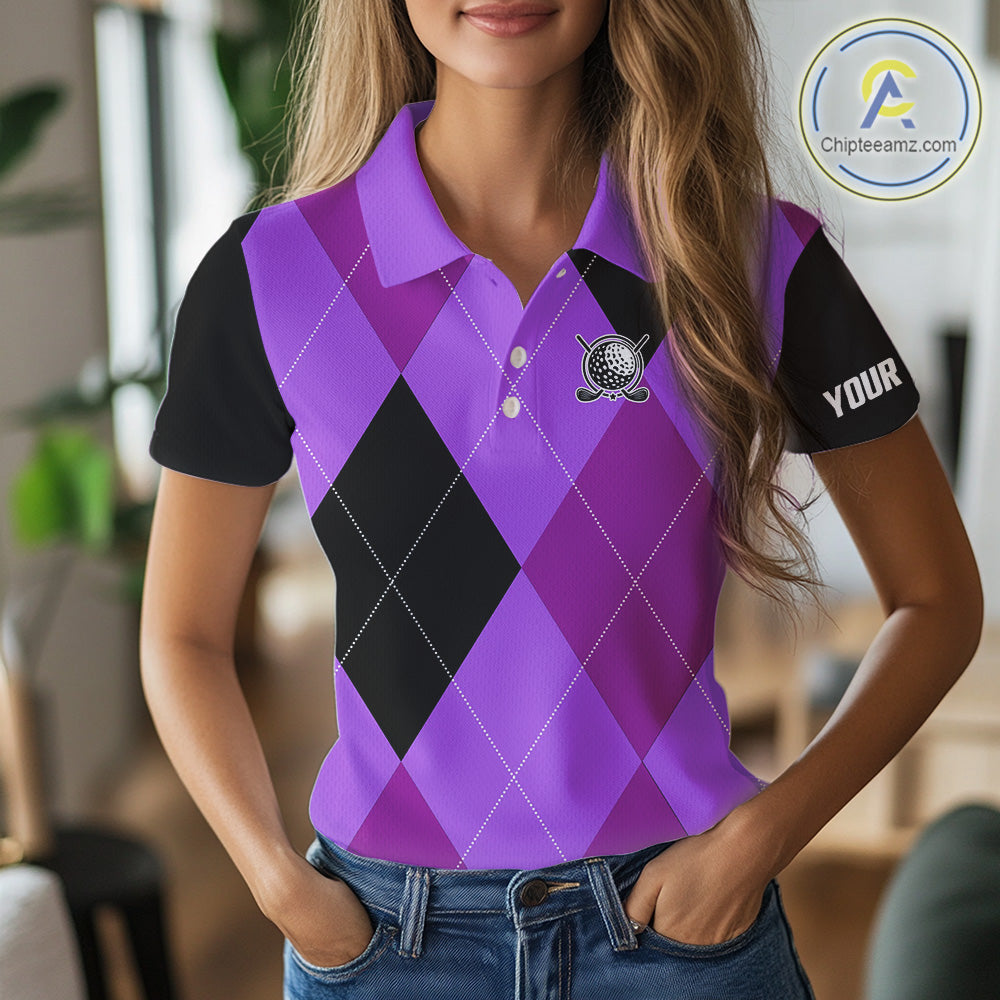 golf polos shirts custom purple and black golf argyle plaid pattern, personalized golf gifts