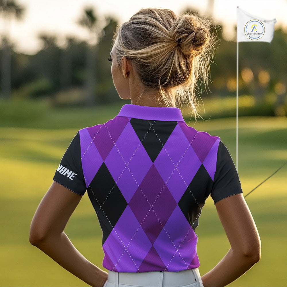 golf polos shirts custom purple and black golf argyle plaid pattern, personalized golf gifts