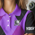golf polos shirts custom purple and black golf argyle plaid pattern, personalized golf gifts