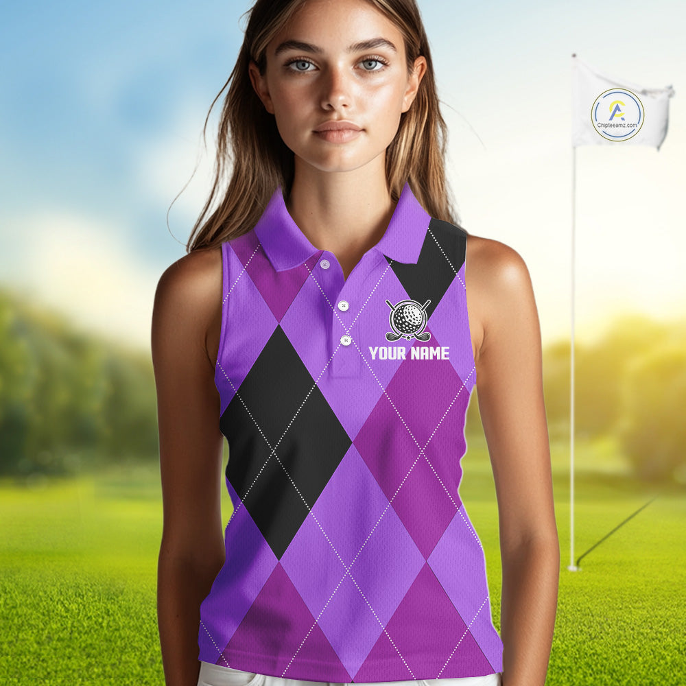 Sleeveless Polo Shirt custom purple and black golf argyle plaid pattern, personalized golf gift