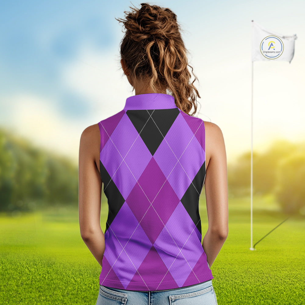 Sleeveless Polo Shirt custom purple and black golf argyle plaid pattern, personalized golf gift