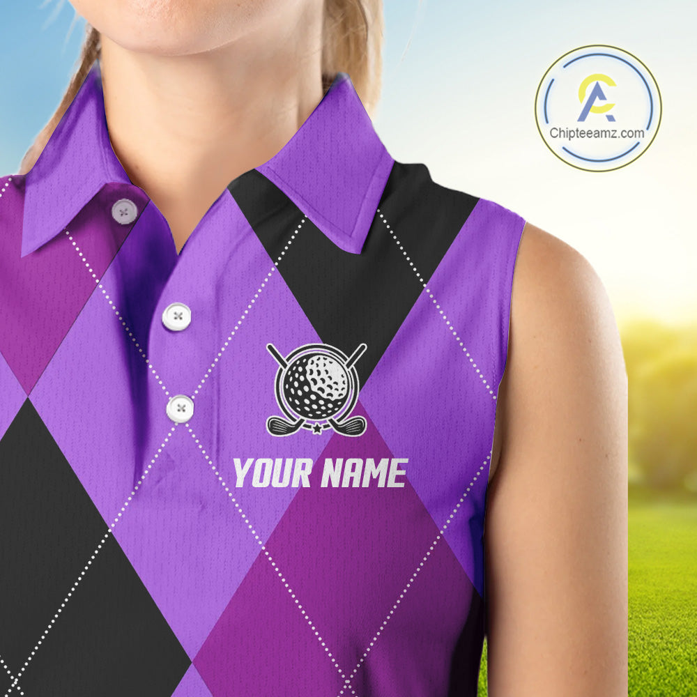 Sleeveless Polo Shirt custom purple and black golf argyle plaid pattern, personalized golf gift