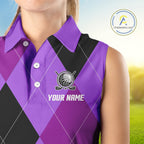 Sleeveless Polo Shirt custom purple and black golf argyle plaid pattern, personalized golf gift