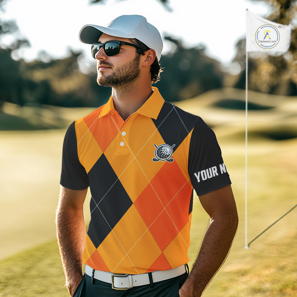 golf polos shirts custom orange and black golf argyle plaid pattern Halloween golf gifts