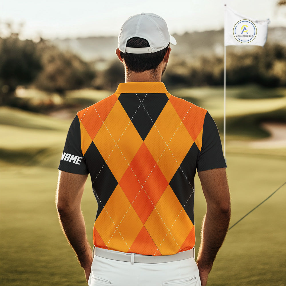 golf polos shirts custom orange and black golf argyle plaid pattern Halloween golf gifts