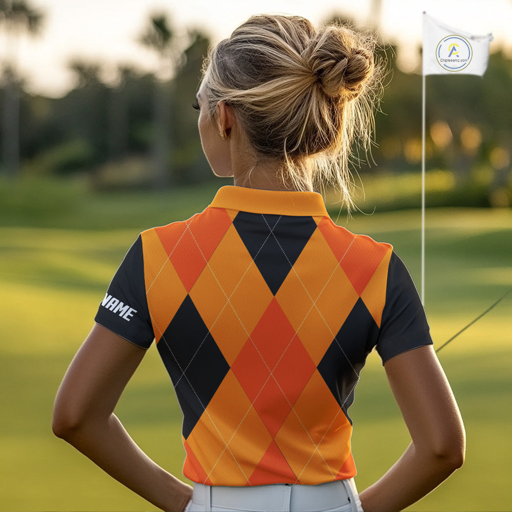 golf polos shirts custom orange and black golf argyle plaid pattern Halloween golf gifts