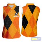 Sleeveless Polo Shirt custom orange and black golf argyle plaid pattern Halloween golf gifts