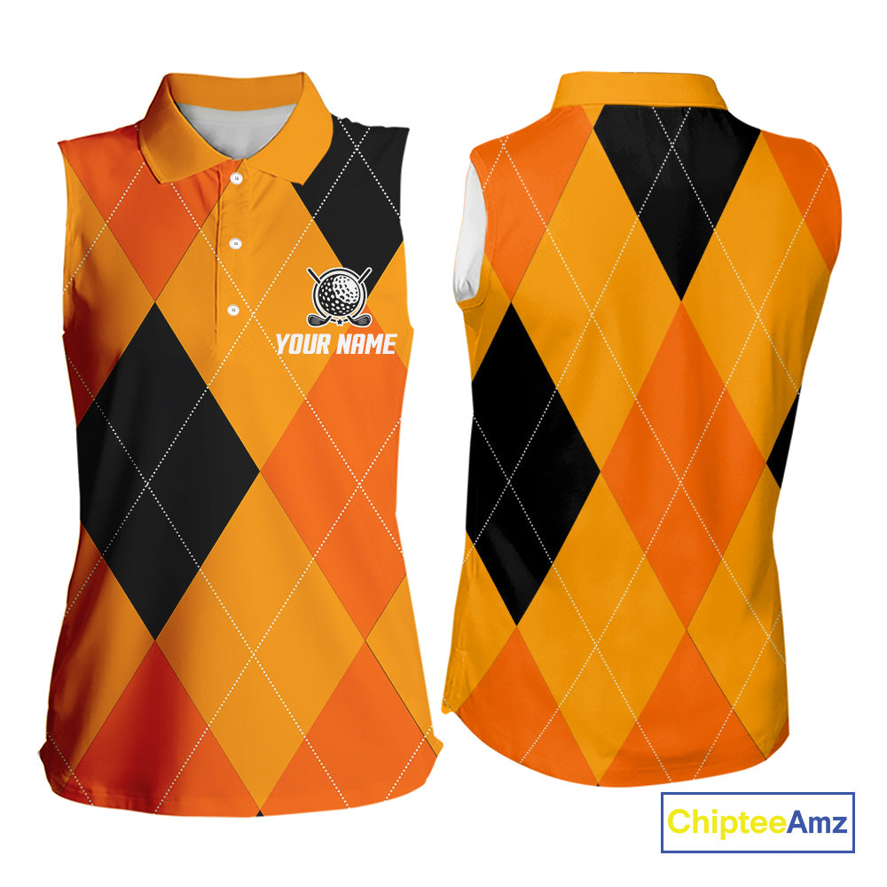 Sleeveless Polo Shirt custom orange and black golf argyle plaid pattern Halloween golf gifts