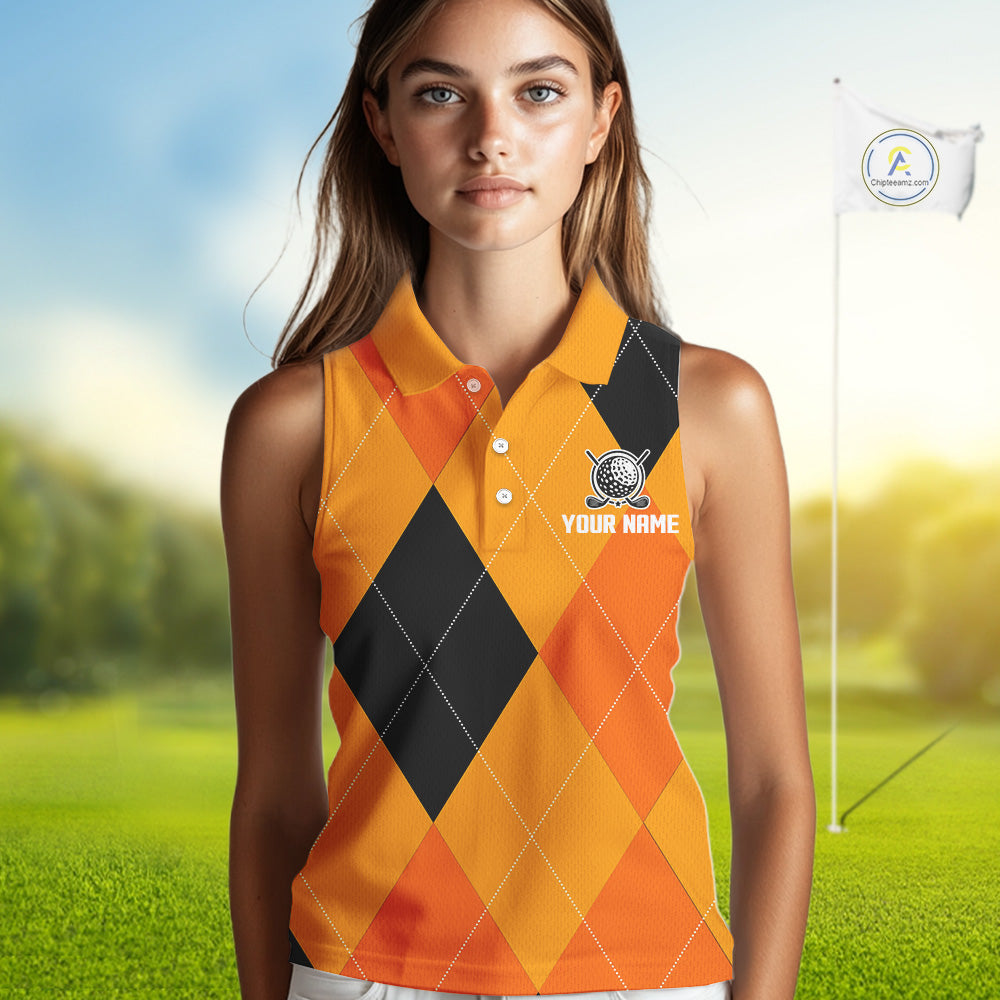 Sleeveless Polo Shirt custom orange and black golf argyle plaid pattern Halloween golf gifts