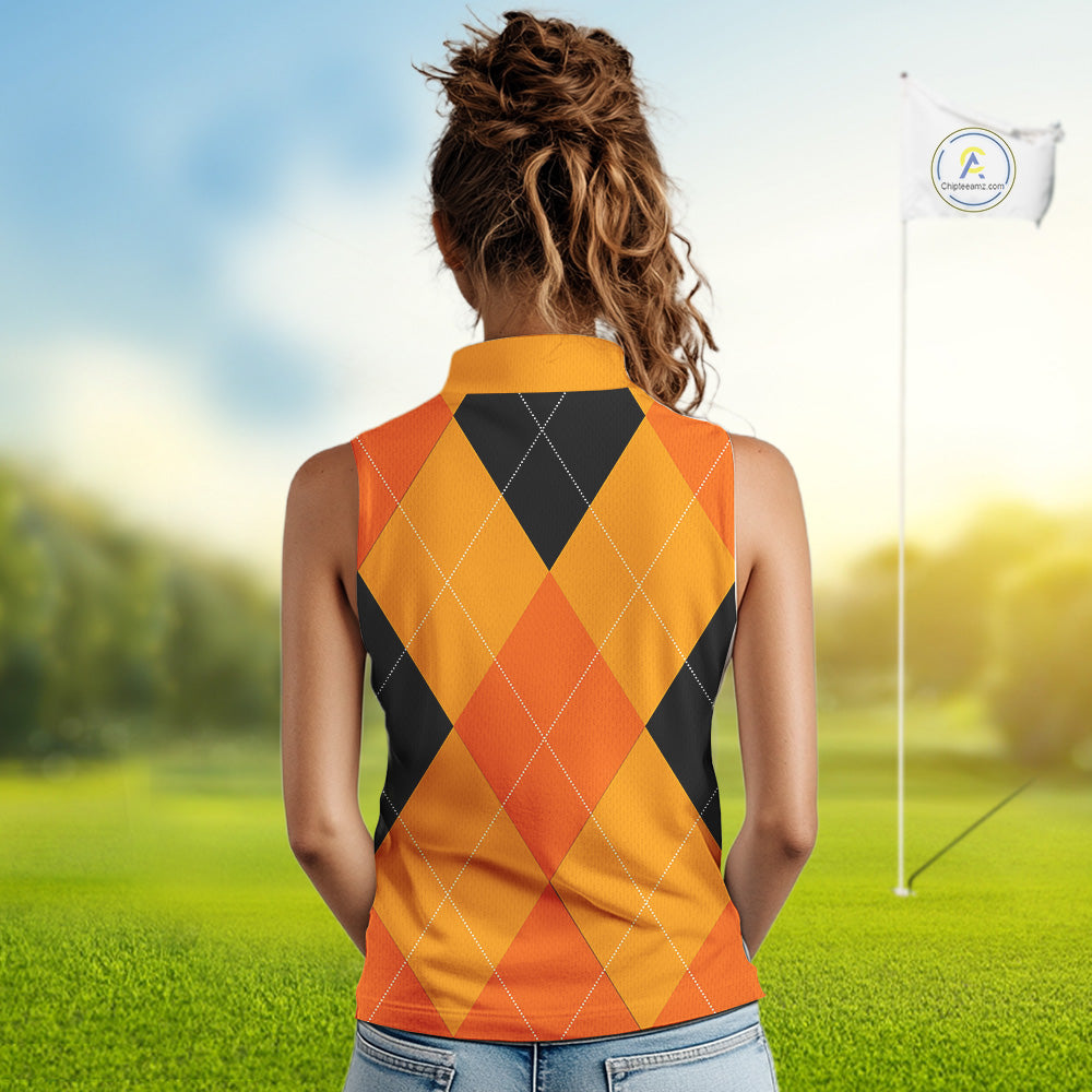 Sleeveless Polo Shirt custom orange and black golf argyle plaid pattern Halloween golf gifts