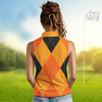 Sleeveless Polo Shirt custom orange and black golf argyle plaid pattern Halloween golf gifts