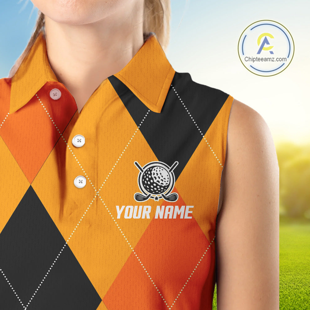 Sleeveless Polo Shirt custom orange and black golf argyle plaid pattern Halloween golf gifts