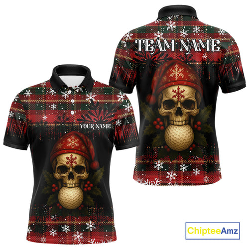 Black and Red Plaid Christmas pattern Skull Polo Shirt Custom Golf outfit, golfing gifts