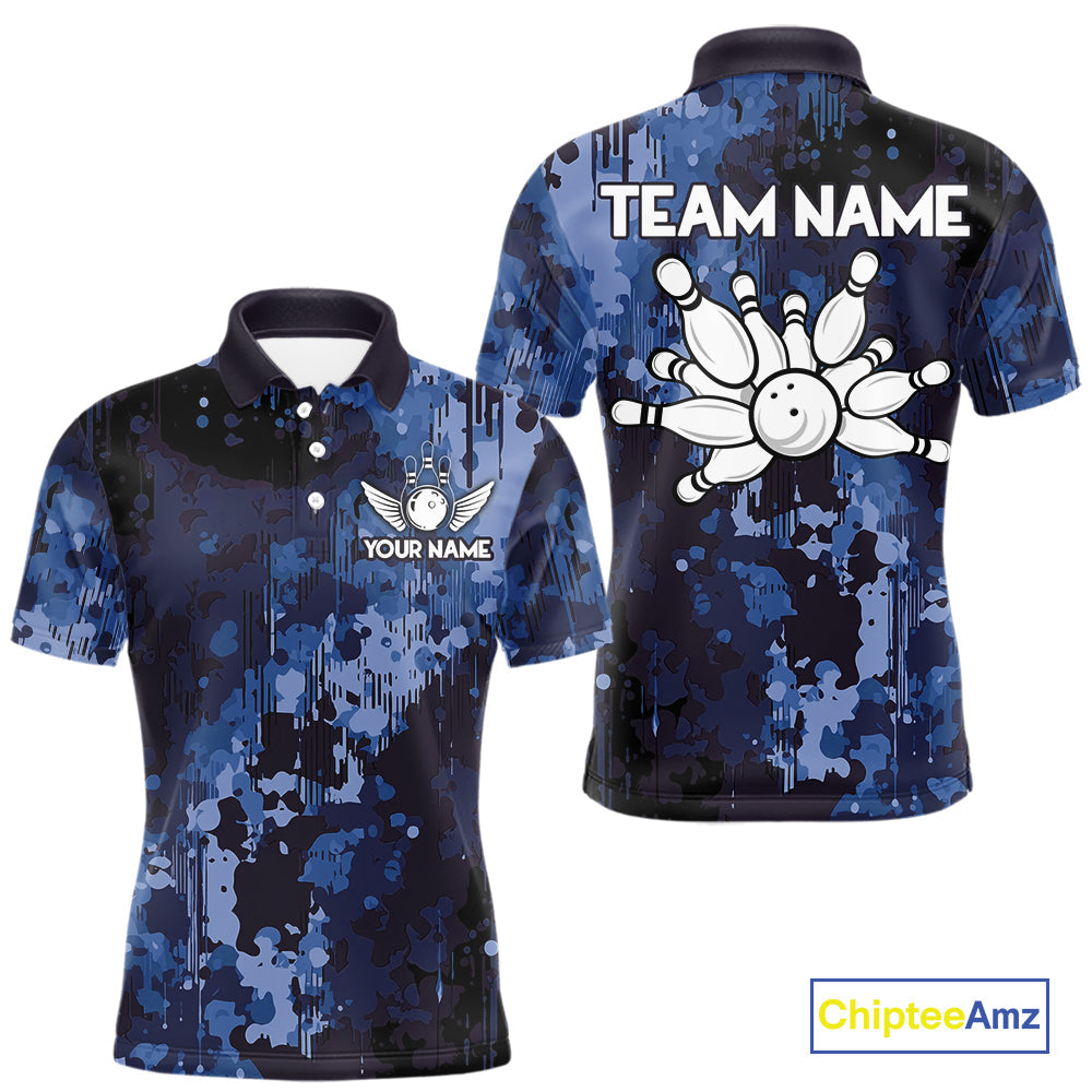Blue Camo Bowling Polo, Quarter Zip Shirts Custom Bowling Team Jerseys, Gift For Bowlers