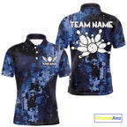 Blue Camo Bowling Polo, Quarter Zip Shirts Custom Bowling Team Jerseys, Gift For Bowlers