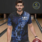 Blue Camo Bowling Polo, Quarter Zip Shirts Custom Bowling Team Jerseys, Gift For Bowlers