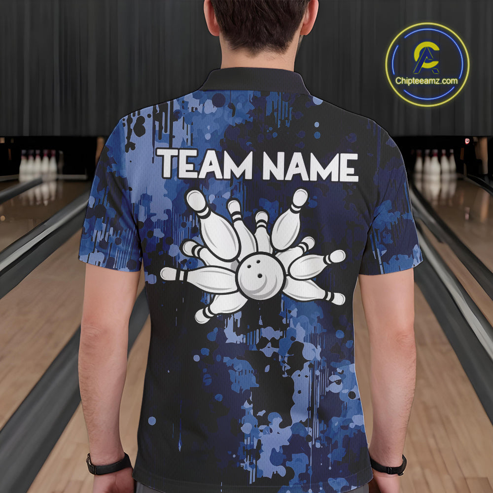 Blue Camo Bowling Polo, Quarter Zip Shirts Custom Bowling Team Jerseys, Gift For Bowlers