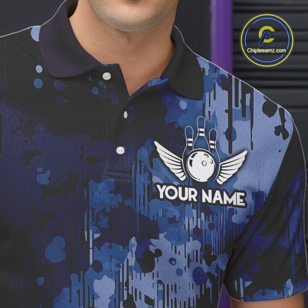 Blue Camo Bowling Polo, Quarter Zip Shirts Custom Bowling Team Jerseys, Gift For Bowlers