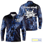 Blue Camo Bowling Polo, Quarter Zip Shirts Custom Bowling Team Jerseys, Gift For Bowlers