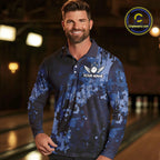 Blue Camo Bowling Polo, Quarter Zip Shirts Custom Bowling Team Jerseys, Gift For Bowlers