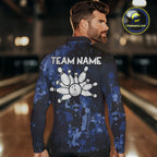 Blue Camo Bowling Polo, Quarter Zip Shirts Custom Bowling Team Jerseys, Gift For Bowlers