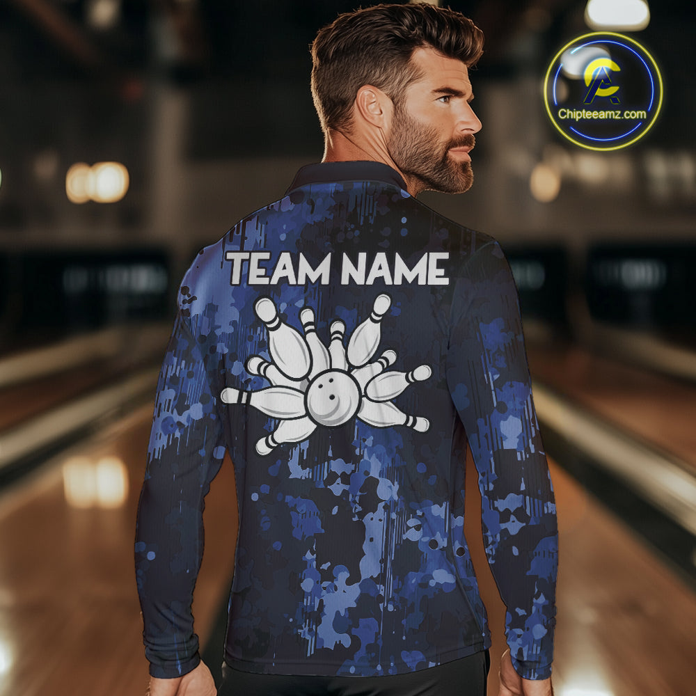 Blue Camo Bowling Polo, Quarter Zip Shirts Custom Bowling Team Jerseys, Gift For Bowlers